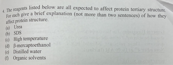 4. The reagents listed below are all expected to affect protein tertiary structure. or each give a brief explanation (not mor