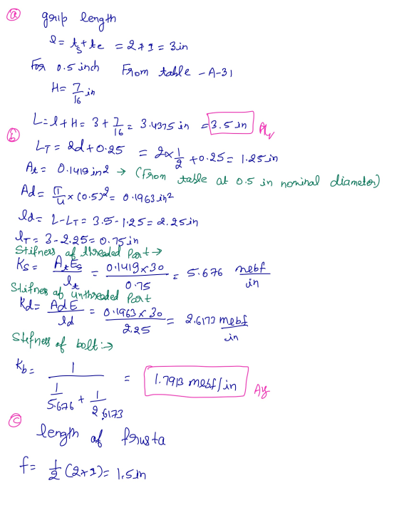 H= I in so -3.5 in 16 AW grip length e=t&te =2+1 = 3in For 0.5 inch From table - A-3 Tania Lidth= 3+? 3.4375 in Lt=dd +0.25 L