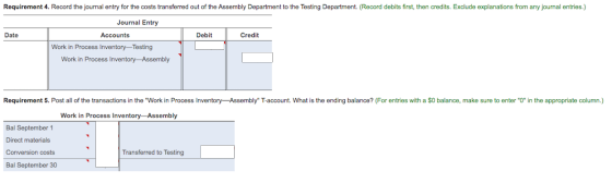 Requirement 4. Record the journal entry for the costs transferred out of the Assembly Department to the Testing Department. (