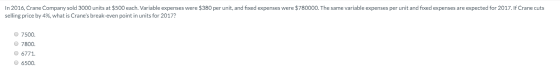 In 2016, Crane Company sold 3000 units at $500 each. Variable expenses were $380 per unit, and fixed expenses were $780000. T