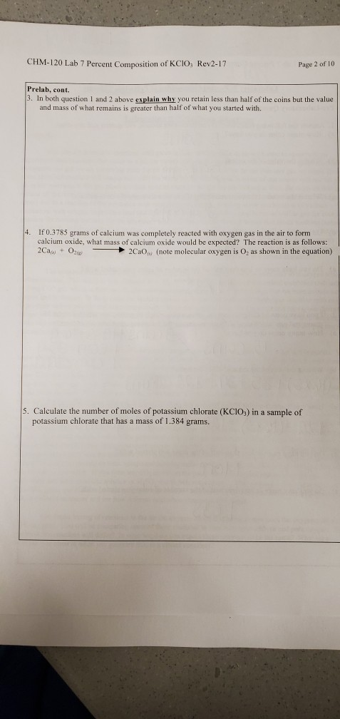CHM-120 Lab 7 Percent Composition of KCIO; Rev2-17 Page 2 of 10 Prelab, cont. 3. In both question 1 and 2 above explain why y