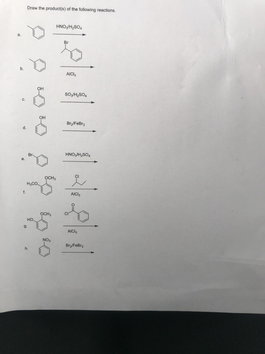 Draw the product(s) of the following reactions HNO/H,SO AICI SOY/H2SO4 Bry/FeBry HNO/H,80 AICI Bry/FeBry