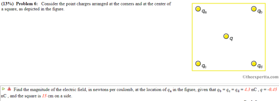 (13%) Problem : Consider the point charges arranged at the corners and at the center of a square, as depicted in the figure. da gb Ic Id Otheexpertta.com 4.3 nC , q- 0.45 -Δ Find the magnitude of the electric field in newtons per coulomb, at the location of qa in the figure, given that q,-qc nC, and the square is 15 cm on a side. a
