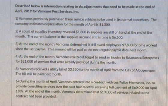 Described below is information relating to six adjustments that need to be made at the end of April, 2019 for Vamonos Pest Se