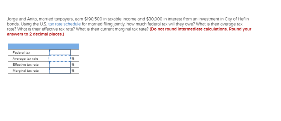 Jorge and Anita, married taxpayers, earn $190,500 in taxable income and $30,000 in Interest from an Investment in City of Hef