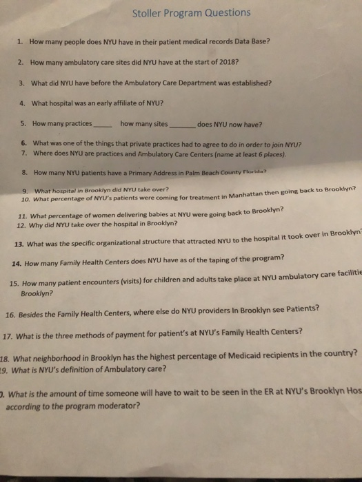 Stoller Program Questions How many people does NYU have in their patient medical records Data Base? How many ambulatory care
