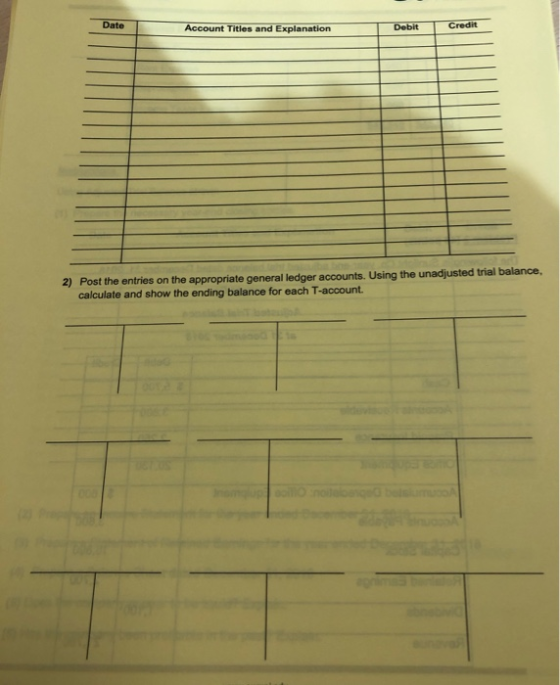 Date Account Titles and Explanation Debit Credit 2) Post the entries on the appropriate general ledger accounts. Using the un