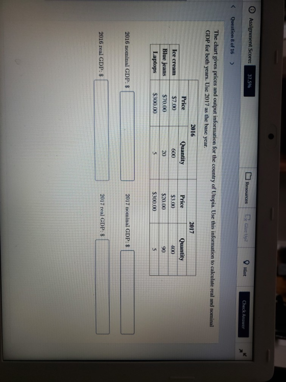 0 Assignment Score: 37.5% Resources Ly Give Up? Hint Check Answer < Question 8 of 16 > The chart gives prices and output info