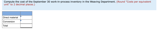 Compute the cost of the September 30 work-in-process inventory in the Weaving Department. (Round Costs per equivalent unit