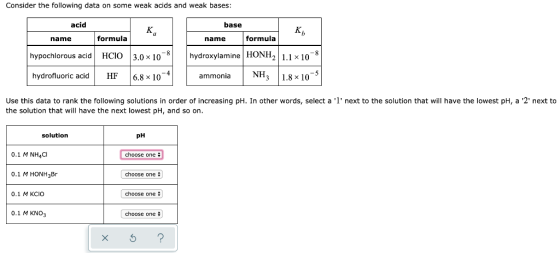 Consider the following data on some weak acids and weak bases: acid Кр name formula base name formula hydroxylamine HONH2 1.1