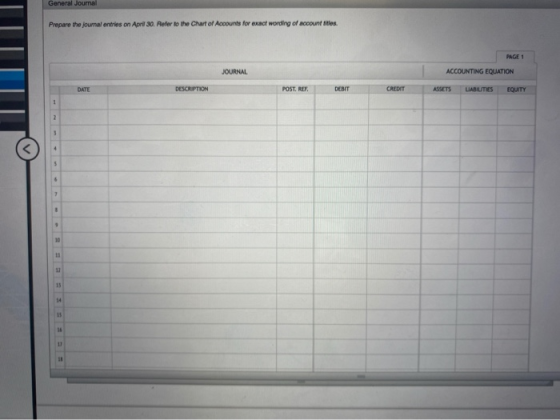 General Journal Prepare the journal entries on April 30. Refer to the Chart of Accounts for exact wording of accounts PAGE 1