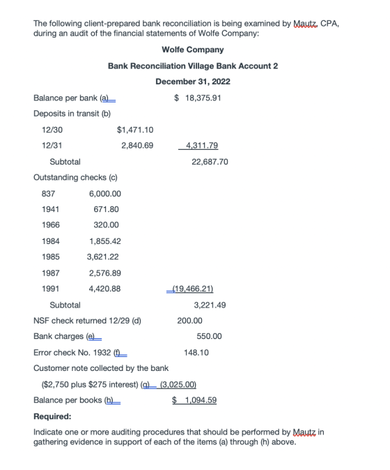 The following client-prepared bank reconciliation is being examined by Mautz, CPA, during an audit of the financial statement