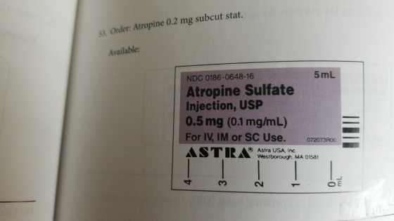 53. Order: Atropine 0.2 mg subcut stat. Available: 5 mL NDC 0186-0648-16 Atropine Sulfate Injection, USP 0.5 mg (0.1 mg/m L)