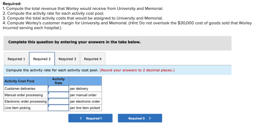 Required: 1. Compute the total revenue that Worley would receive from University and Memorial. 2. Compute the activity rate f