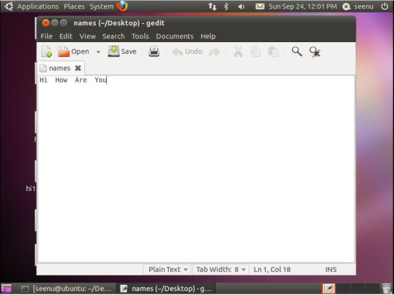 Applications Places System 8 嘞 圆Sun Sep 24, 12:01 PM a seenu names (-/Desktop)-gedit File Edit View Search Tools Documents He
