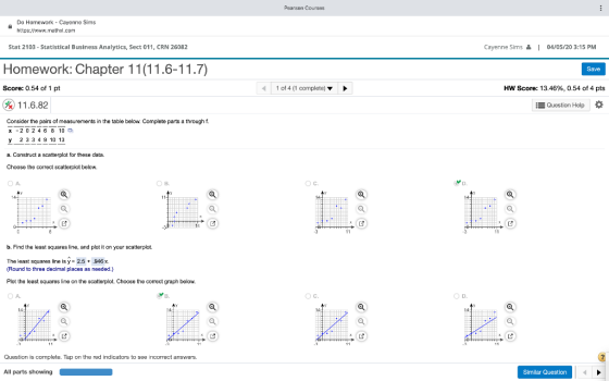 Pearson Courses Do Homework - Cayenne Sims https://www.mathxl.com Stat 2103 - Statistical Business Analytics, Sect 011, CRN 2