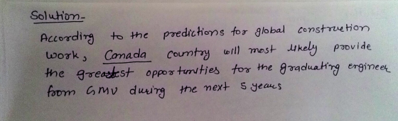 Solution- According to the predictions for global construction work, Canada country will most likely provide the greastest op