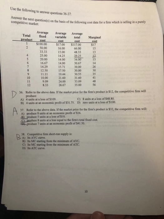 Use the following to answer questions 36-37 Answer the next question(s) on the basis of the following cost data for a firm wh