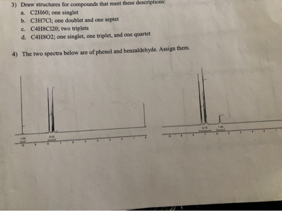 il UU UUUIUS Iur compounds that meet these descriptions: a. C2H60; one singlet b. C3H7Cl; one doublet and one septet c. C4H8C