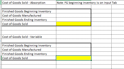 Cost of Goods Sold Absorption Note FG beginning Inventory is on Input Tab Finished Goods Beginning Inventory Cost of Goods Manufactured Finished Goods Ending Inventory Cost of Goods Sold Cost of Goods Sold - Variable Finished Goods Beginning Inventory Cost of Goods Manufactured Finished Goods Ending Inventory Cost of Goods Sold