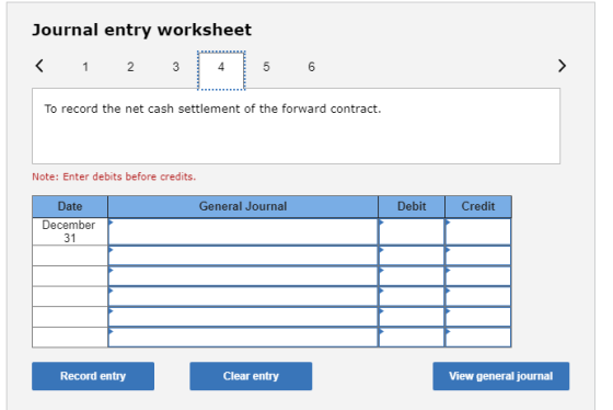 Journal entry worksheet To record the net cash settlement of the forward contract. Note: Enter debits before credits. General