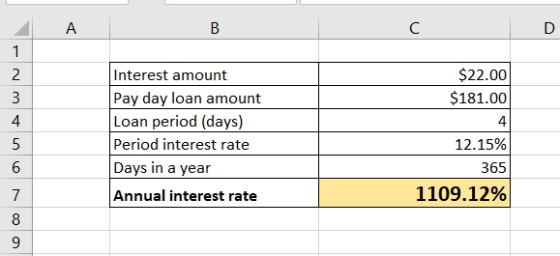 В C 1 $22.00 2 Interest amount Pay day loan amount Loan period (days) Period interest rate Days in a year $181.00 4 4 12.15%