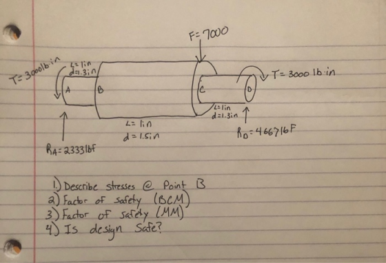 F: 7000 T- 3 poolb.in T = 3000 lb in Lulio d = 1.5in Ro=466716F B4: 4333168 1. Describe stresses @ Point B 2) Factor of safet