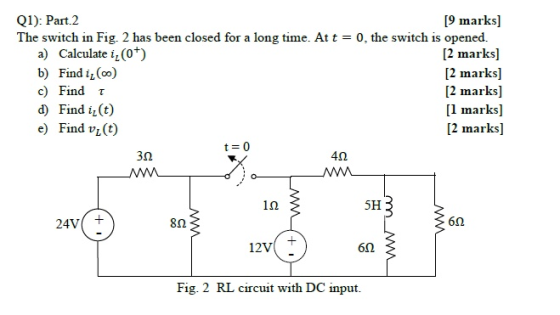 Q1): Part 2 [9 marks] The switch in Fig. 2 has been closed for a long time. At t = 0, the switch is opened. a) Calculate iz (