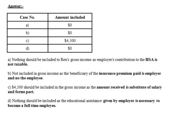 Answer:- Case No. Amount included $0 a) b) $0 $4,500 $0 d) a) Nothing should be included to Rexs gross income as employers