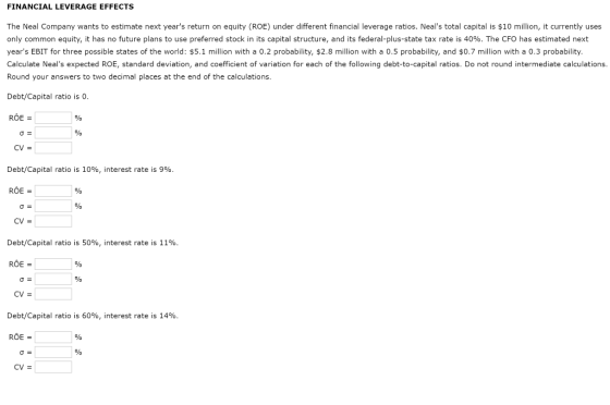FINANCIAL LEVERAGE EFFECTS The Neal Company wants to estimate next years return on equity (ROE) under different financial le