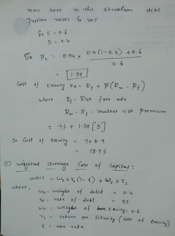situation debt in to this you now here portion raises So E = 0.6 D = 0.4 So B = 0.94 x 0.4(1-0.3) +0.6 - 1.38 I 0.6 1.38 Cost