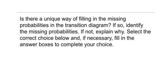 Is there a unique way of filling in the missing probabilities in the transition diagram? If so, identify the missing probabil