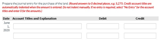 Prepare the journal entry for the purchase of the land. (Round answers to decimal places, eg. 5,275. Credit account titles ar