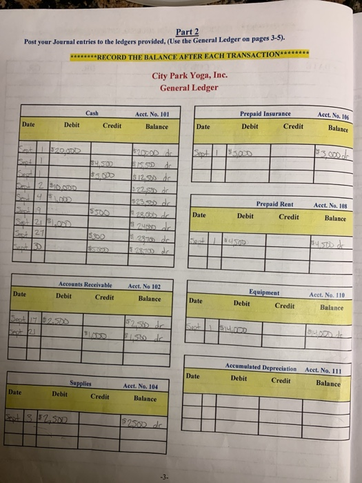 Part 2 Post your Journal entries to the ledgers provided, (Use the General Ledger on pages 3-5) RECORD THE BALANCE AFTER EACH