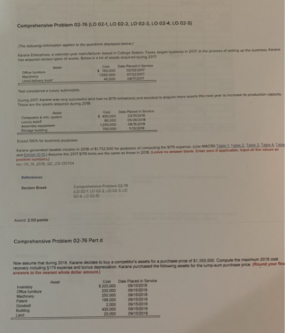 Comprehensive Problem 02-76 (LO 02-1, LO 02-2, LO 02-3, LO 02-4, LO 02-5) The tolowing information applies to the questions displeyed below Karane Enterprises, a calendar-year in year manufacturer based in College Station, Texas, began business in 2017. in the process of of assets. Below is a ist of assets acquired during 2017. seting up the business, Karane Cost Date Placed in Service Office furniture Machineny s 150,000 02/03/2017 07/22/2017 1,560.000 truck 40,000 08/17/2017 Not considered a luxury automobile During 2017, Karane was very successful land had no $179 lmitations) and decided to acquire more assets this next year to increase These are the assets acquired during 2018 its production capacity Asset Cost Date Placed in Service 400,000 03/312018 05/26/2018 Computers & info. system Luxury aunot Assembly equipment Siorage building 1200,000 00.000 1V13/201B used 100% for business purposes. Karane generated taxable income in 2018 of $1,732.500 for purposes of computing the $179 e and Exhibit 10-10) Assume the 2017 5179 limits are the same as those in positive numbers) rev: 09 14 2018 QC CS-135704 xpense (use MACRS Table 1. Table 2, Teble 3 Iees s I o answer blank. Enter zero if applicable. Input all the values as 2018 (Leave n References Comprehensive Problem 02-76 ILO 021 Lo 02-2, LO 02-3, LO 02-4, LO 02-5) Section Break Award: 2.00 points Comprehensive Problem 02-76 Part d recovery including $179 expense and bonus depreciation. Karane purchased the folowing assets for the lump-sum purchase answers to the nearest whole dollar amount.) Now assume that duing 2018, Karane decides to buy a competors s assets for a purchase price of $1,350,000. Compute the maximum 2018 cost price. (Round your Asset Cost $ 220.000 Date Placed in Service Inventory Office furniture 09/15/2018 250 000 09/15/2018 09/15/2018 198,000 09/15/2018 09/15/2018 230 000 230,000 Patent Goodwill 2.000 430,000 20.000 09/15/2018 09/15/2018 Land