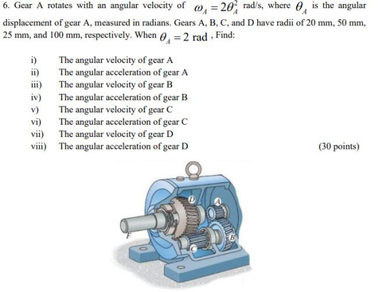 6. Gear A rotates with an angular velocity of 04 = 20rad/s, where , is the angular displacement of gear A, measured in radian