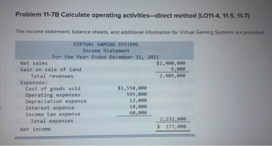 Problem 11-7B Calculate operating activities-direct method (LO11-4, 11-5, 11-7) The income statement, balance sheets, and add