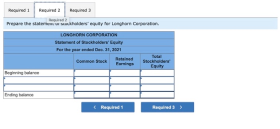 Required 1 Required 2 Required 3 Required 2 Prepare the statement or stockholders equity for Longhorn Corporation. LONGHORN