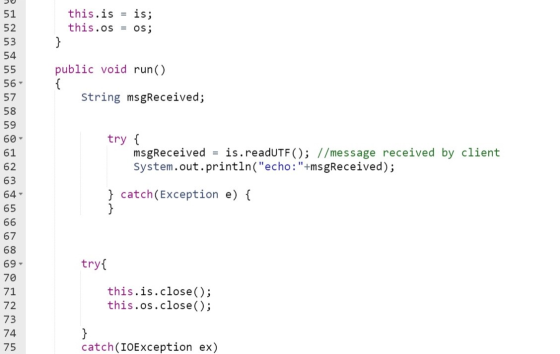 this.is = is; this.os = os; public void run() { String msgreceived; try { msgreceived = is.readUTF(); //message received by c