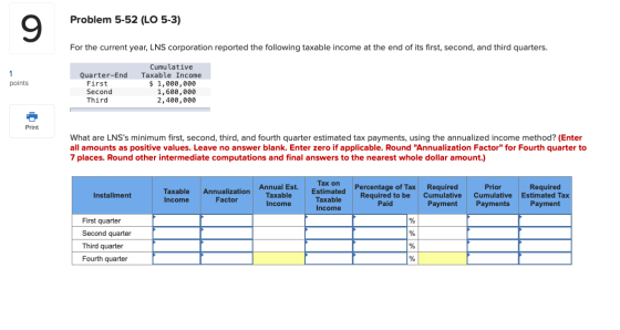Problem 5-52 (LO 5-3) For the current year, LNS corporation reported the following taxable income at the end of its first sec