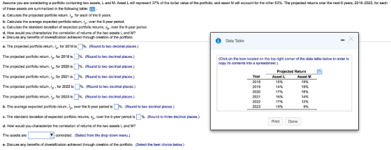 Assume you are considering a portfolio containing two assets, L and M Asset L will represent 37% o the dollar value of the portfolio and asset M will account for the other 63%. The pro ected returns over he next 6 years, 2018-2023, for each of these assets are summarized in the following table: a. Calculate the projected portfollo return, rp for each of the 6 years. b. Calculate the average expected portolio return, rp, over the 6-year period. c. Calculate the standard deviation of expected portolio returns, Spi over the 6-year period. d. How would you characterize the correlation of returms of the two assets L and M? e. Discuss any benefits of diversification achieved through creation of the portfolio. Data Table □%. (Round to two decimal places.) a. The projected portfolio return, rp, for 2018 is The projected portfolio return, r for 2019 is %. (Round to two decimal places.) The projected portfolio retum, rp for 2020 is The projected portfolio return, , for 2021 is [ %, (Round to two decimal places.) The projected portfolio return,。. for 2022 is %. (Round to two decimal places.) The projected portfolio retum, ,, for 2023 is %. (Round to two decimal places.) b. The average expected portfolio retum. over the 6 year period is c. The standard deviation of expected portfolio retums, sp, over the 6-year period is %. (Round to three decimal places.) d. How would you characterize the correlation of returns of the two assets L and M? The assets are e. Discuss any benefits of diversification achieved through creation of the portfolio. (Select the best choice below.) (Click on the icon located on the top-right comer of the data table below in order to copy its contents into a spreadsheet.) %. (Round to two decimal places.) Projected Return Year 2018 2019 2020 2021 2022 2023 Asset L 15% 14% 17% 16% 17% 19% Asset M 19% 19% 16% 14% 12% 9% (Round to two decimal places.) Print Done Vcorrelated. (Sclect from the drop-down menu.)