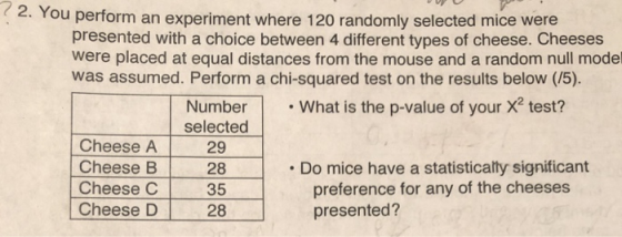 2. Y ou perform an experiment where 120 randomly selected mice were presented with a choice between 4 different types of cheese. Cheeses were placed at equal distances from the mouse and a random null model was assumed. Perform a chi-squared test on the results below (/5) What is the p-value of your X test? Cheese A Cheese B Cheese C Cheese D Number selected 29 28 35 28 Do mice have a statisticalty significant preference for any of the cheeses presented?