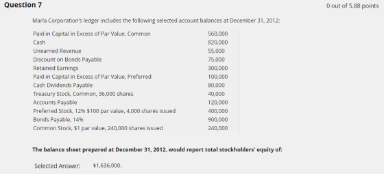 Question 7 O out of 5.88 points Marla Corporations ledger includes the following selected account balances at December 31, 2