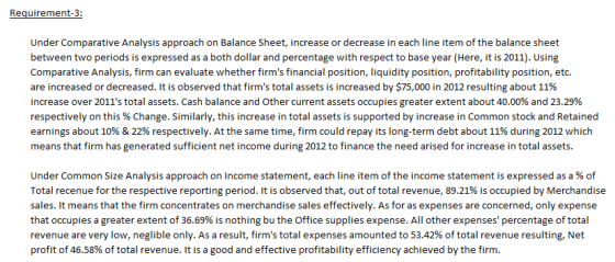 Requirement-3 Under Comparative Analysis approach on Balance Sheet, increase or decrease in each line item of the balance sheet between two periods is expressed as a both dollar and percentage with respect to base year (Here, it is 2011). Using Comparative Analysis, firm can evaluate whether firms financial position, liquidity position, profitability position, etc. are increased or decreased. It is observed that firms total assets is increased by $75,000 in 2012 resulting about 11% increase over 2011s total assets. Cash balance and other current assets occupies greater extent about 40.00% and 23.29% respectively on this % Change. Similarly, this increase in total assets is supported by increase in common stock and Retained earnings about 10% & 22% respectively. At the same time, firm could repay its long-term debt about 11% during 2012 which means that firm has generated sufficient net income during 2012 to finance the need arised for increase in total assets under Common Size Analysis approach on Income statement, each line item of the income statement is expressed as a % of Total recenue for the respective reporting period. It is observed that, out of total revenue, 89.21% is occupied by Merchandise sales. It means that the firm concentrates on merchandise sales effectively. As for as expenses are concerned, only expense that occupies a greater extent of 36.69% is nothing bu the office supplies expense. All other expenses, percentage of total revenue are very low, neglible only. As a result, firms total expenses amounted to 53.42% of total revenue resulting, Net profit of 46.58% of total revenue. It is a good and effective profitability efficiency achieved by the firm.