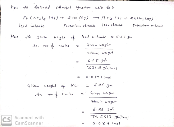 Www Here the balanced chemical equation will be it Pb (Nogle (aq) + 2Kcl caq) - Pb cla (s)tak Noz (aq). lead nitrate Potassiu