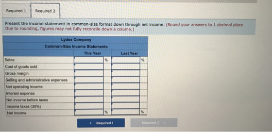 Required 1 Required 2 Present the income statement in common-size format down through net income. (Round your answers to 1 de