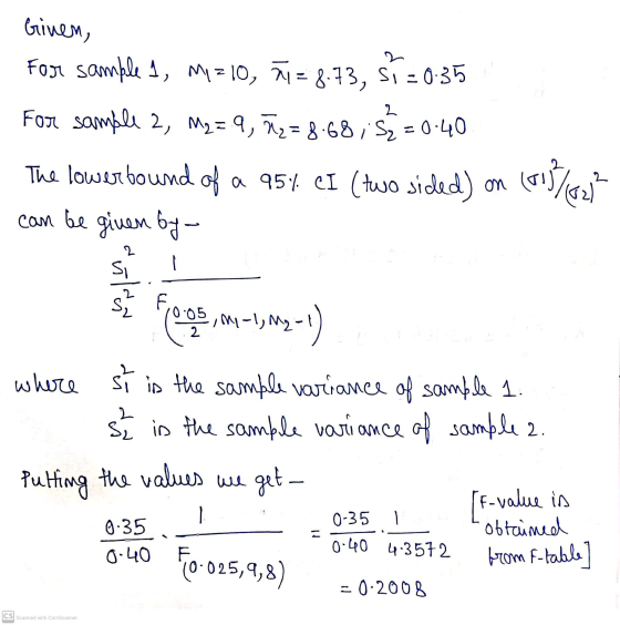2 Ginen, For sample 1, M1 z 10, 11 = 8.73, si = 0.35 For sample 2, M2=.9, 72 = 8.68:52=0.40 The lower bound of a 95% CI (two