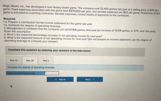 Magic Realm, Inc., has developed a new fantasy board game. The company sold 53,400 games last year at a selling price of $70