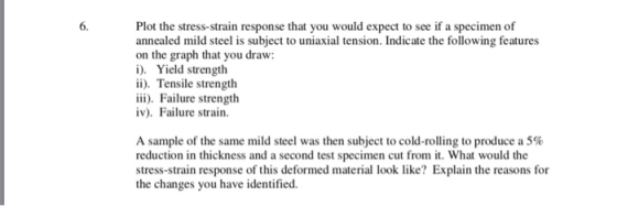 6. Plot the stress-strain response that you would expect to see if a specimen of annealed mild steel is subject to uniaxial tension. Indicate the following features on the graph that you draw i). Yield strength ii). Tensile strength iii). Failure strength iv). Failure strain. A sample of the same mild steel was then subject to cold-rolling to produce a 5% reduction in thickness and a second test specimen cut from t. What would the stress-strain response of this deformed material look like? Explain the reasons for the changes you have identified.