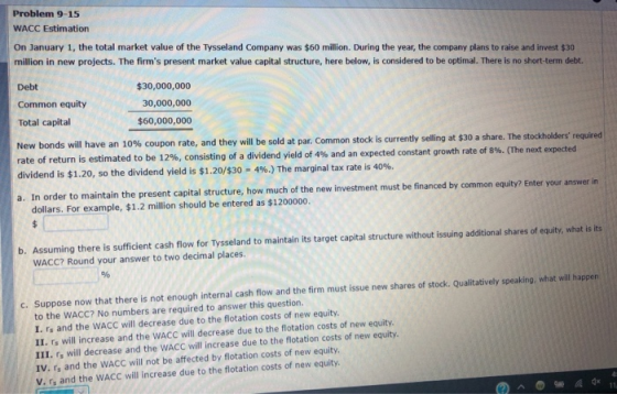 Problem 9-15 WACC Estimation On January 1, the total market value of the Tysseland Company was $60 million. During the year,